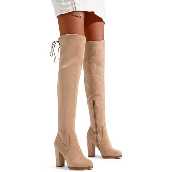 Women's Sand-imitation Suede Thigh High Over The Knee Rounded Toe Tall Long Boot - Picture 7 of 10